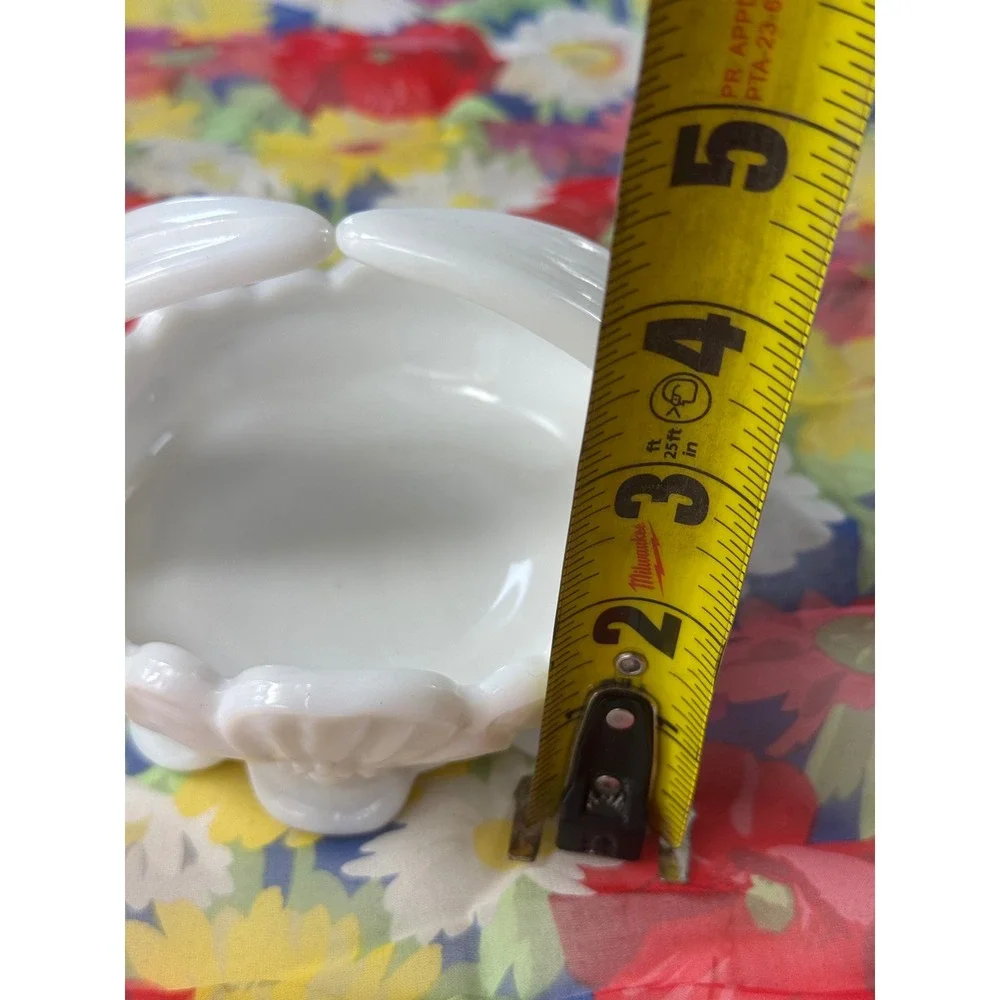 Vintage White Milk Glass Floral Embossed Basket Trinket Dish Candy Bowl